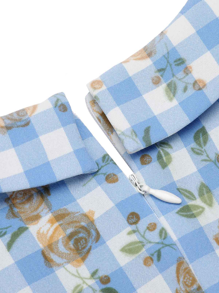 Blaues 1960er Puffärmel-Kleid mit Blumenmuster
