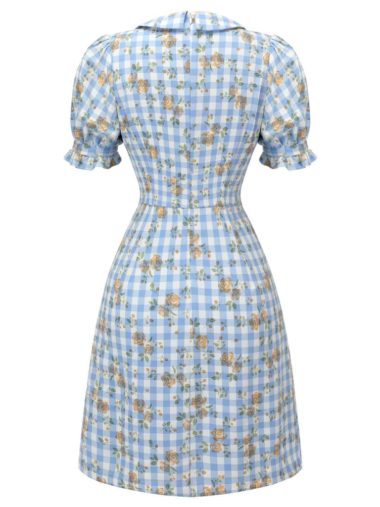 Blaues 1960er Puffärmel-Kleid mit Blumenmuster
