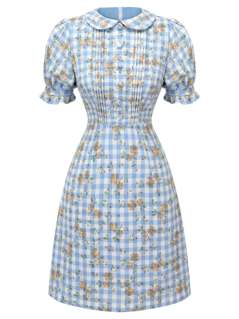 Blaues 1960er Puffärmel-Kleid mit Blumenmuster