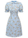 Blaues 1960er Puffärmel-Kleid mit Blumenmuster