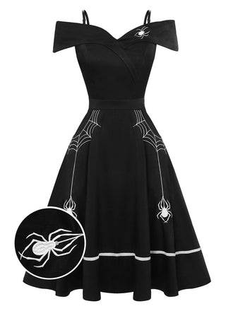 Schwarzes 1950er Halloween schulterfreies Spinnennetzkleid