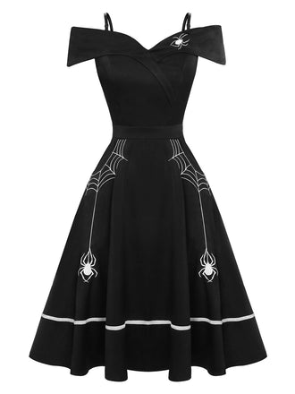 Schwarzes 1950er Halloween schulterfreies Spinnennetzkleid