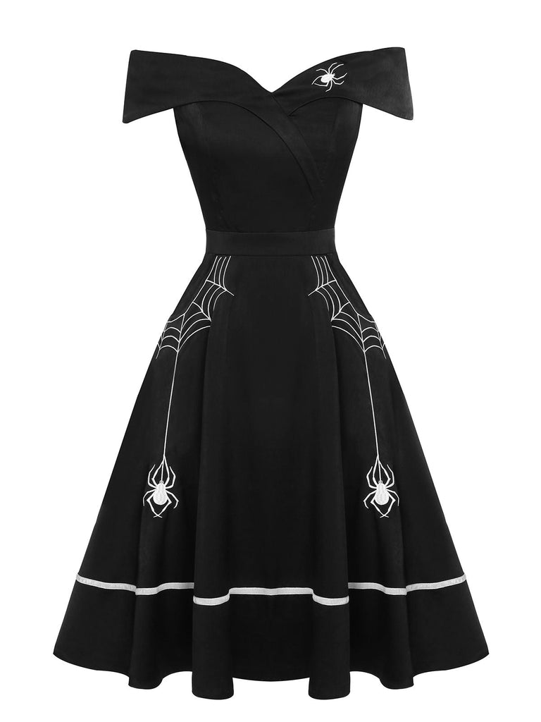 Schwarzes 1950er Halloween schulterfreies Spinnennetzkleid