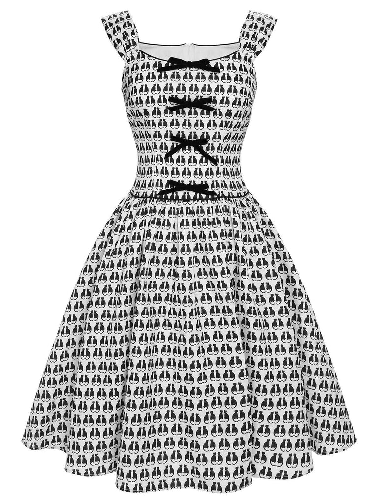 1950er Halloween-Katzenprint-Samtschleifenkleid