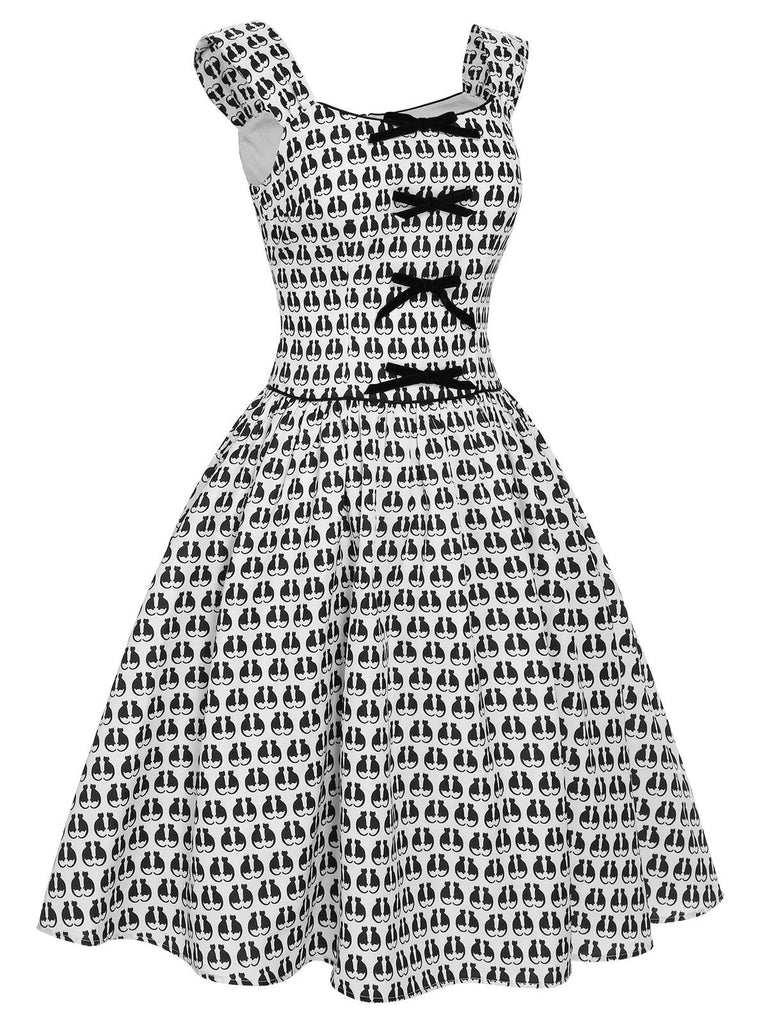 1950er Halloween-Katzenprint-Samtschleifenkleid