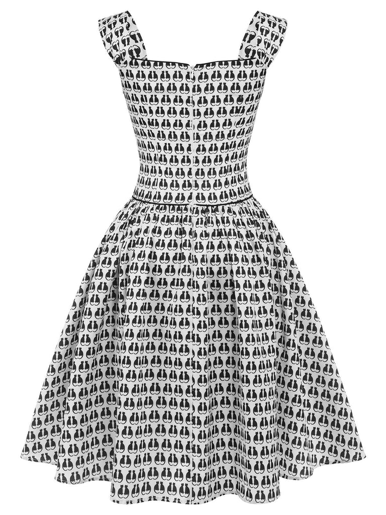 1950er Halloween-Katzenprint-Samtschleifenkleid