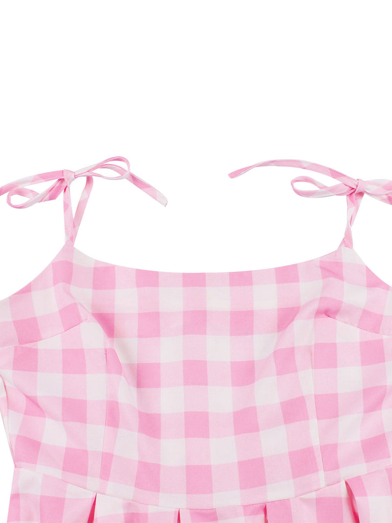 Rosa 1950er Spaghettiträger Plaid Bogen Swing Kleid