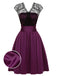 [Vorverkauf] Dunkelviolett 1950er Spitze Patchwork V-Ausschnitt Kleid