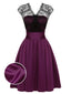 [Vorverkauf] Dunkelviolett 1950er Spitze Patchwork V-Ausschnitt Kleid