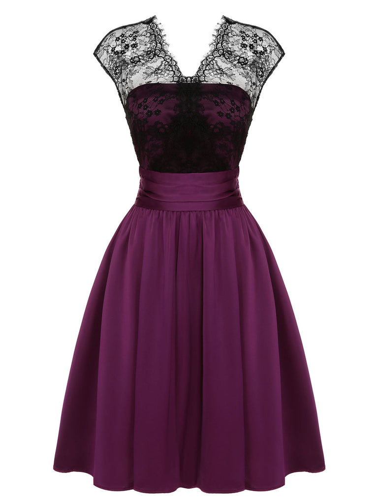 [Vorverkauf] Dunkelviolett 1950er Spitze Patchwork V-Ausschnitt Kleid