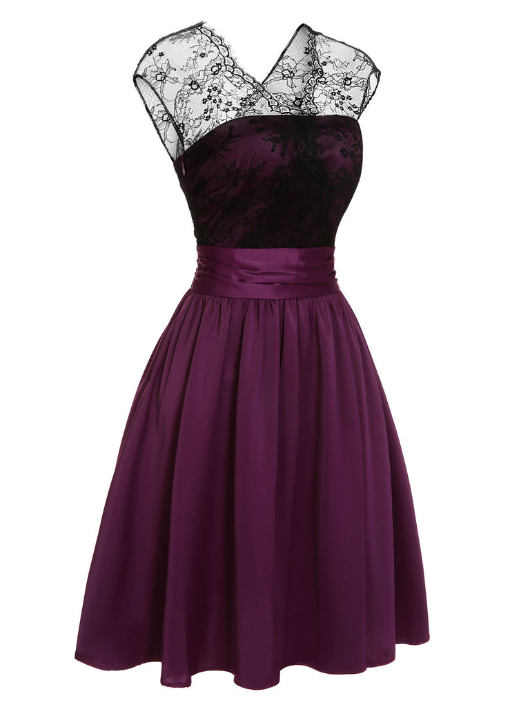 [Vorverkauf] Dunkelviolett 1950er Spitze Patchwork V-Ausschnitt Kleid