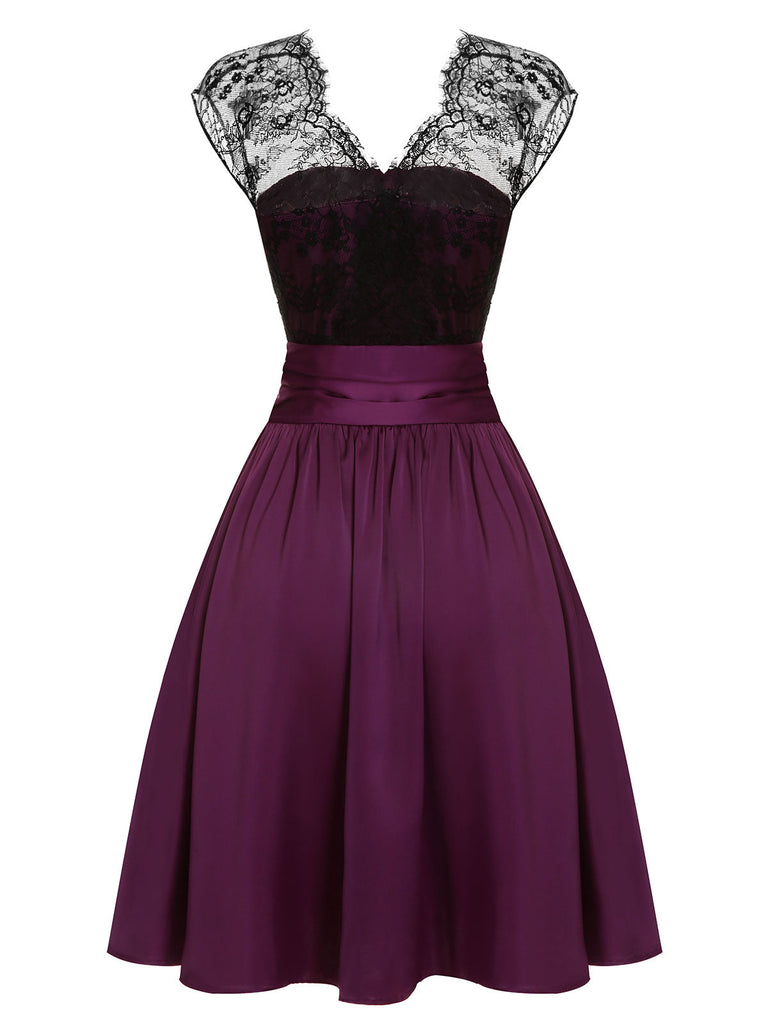 [Vorverkauf] Dunkelviolett 1950er Spitze Patchwork V-Ausschnitt Kleid