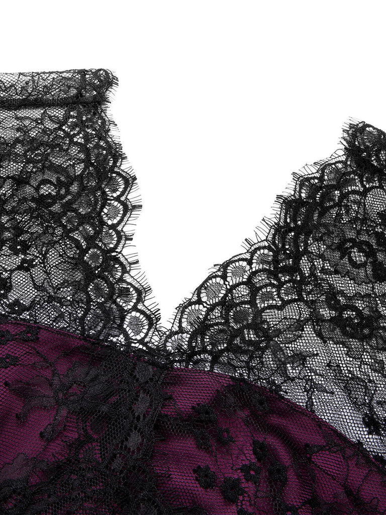 [Vorverkauf] Dunkelviolett 1950er Spitze Patchwork V-Ausschnitt Kleid