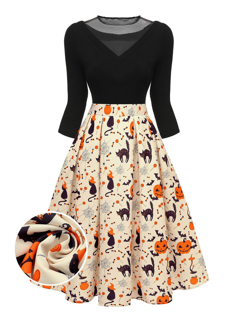 1950er Halloween Kürbis Katze gestrickt Top Patchwork Kleid