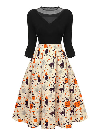 1950er Halloween Kürbis Katze gestrickt Top Patchwork Kleid