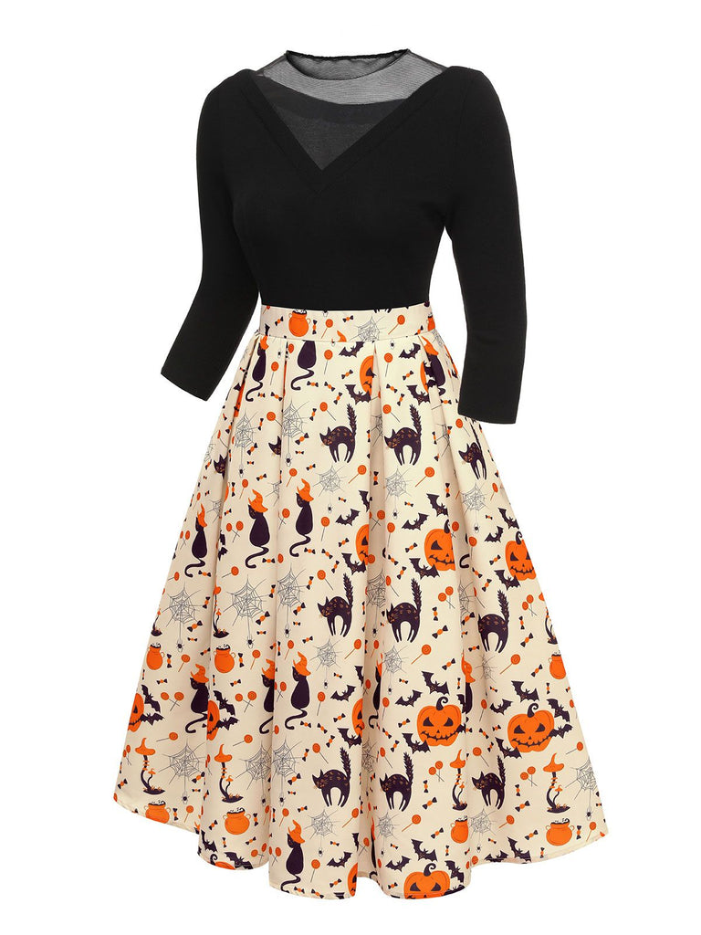 1950er Halloween Kürbis Katze gestrickt Top Patchwork Kleid