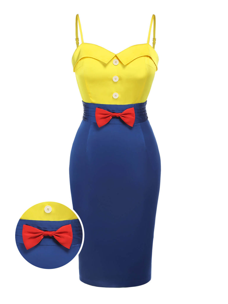 Gelb & Blau 1960er Schneewittchen Kostüm Bogen Bleistift Kleid