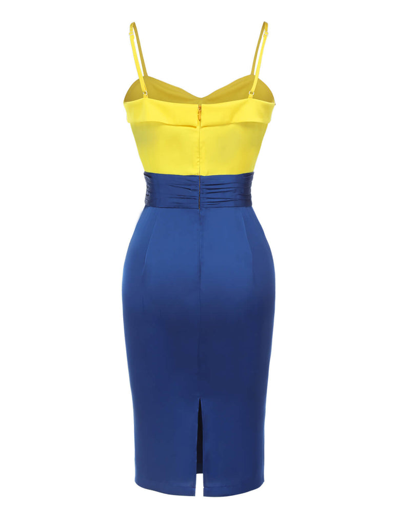 Gelb & Blau 1960er Schneewittchen Kostüm Bogen Bleistift Kleid