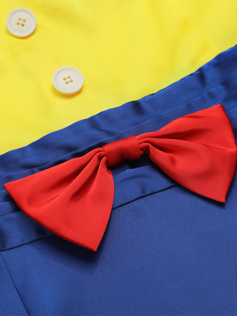 Gelb & Blau 1960er Schneewittchen Kostüm Bogen Bleistift Kleid