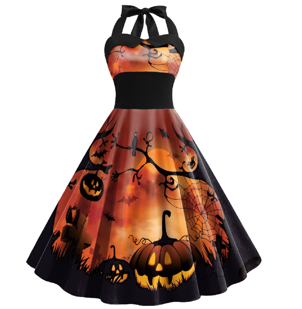 Rot 1950er Halloween Halter Patchwork Swing Kleid