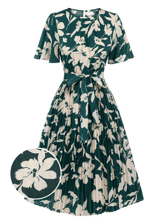 Grünes 1940er Kleid mit plissiertem Gürtel