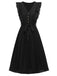 Schwarzes 1940er Solid Flying Sleeve Plissee-Kleid