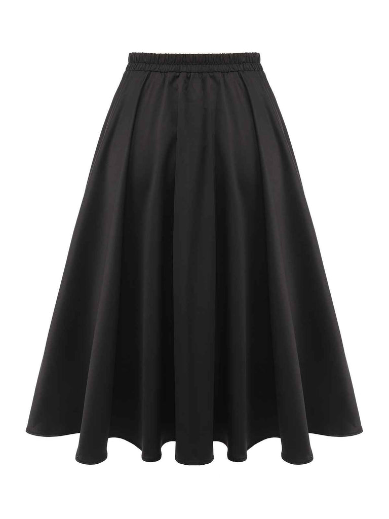 Schwarzer 1950er elastischer Taille Faltenrock