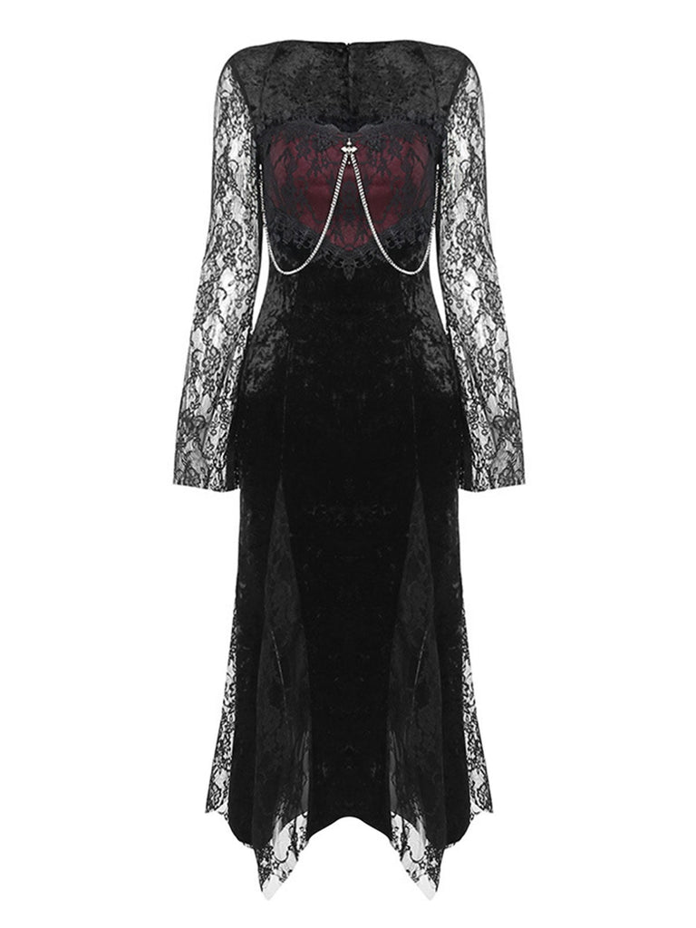 Schwarz 1960er Halloween Schlitz Spitze Kleid