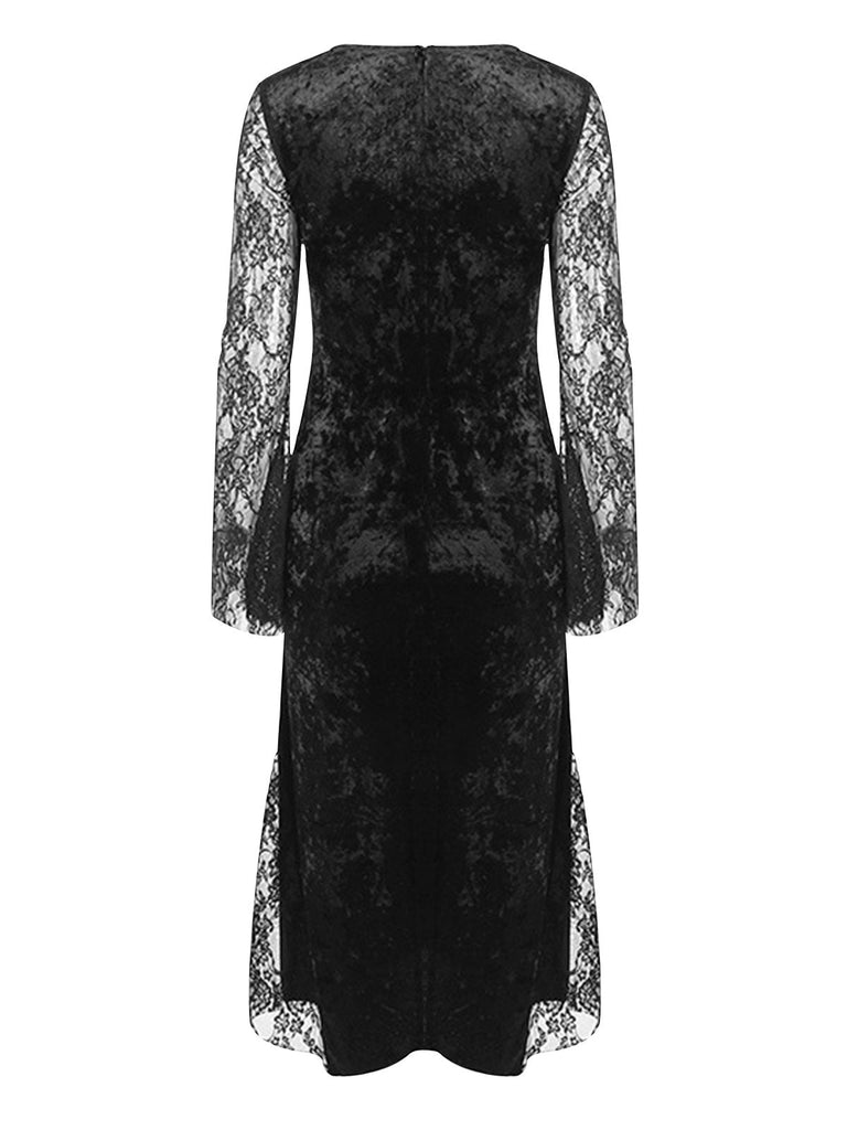 Schwarz 1960er Halloween Schlitz Spitze Kleid