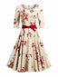 Beige 1950ers Florales Halbarm-Kleid mit Gürtel Kleid