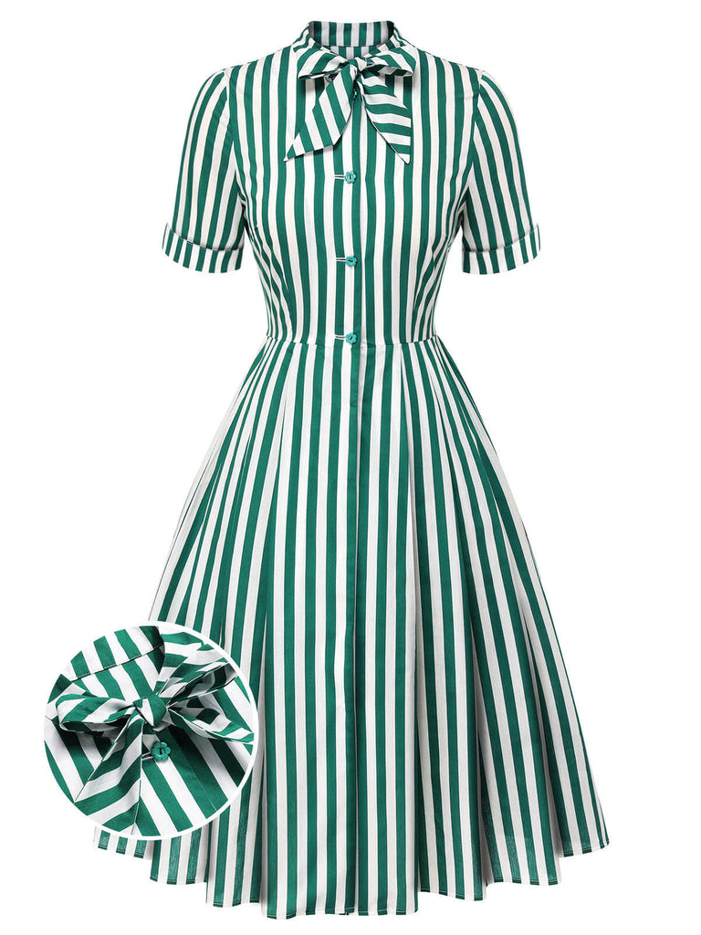 Dunkelgrün 1950er Krawattenausschnitt Gestreiftes Kleid