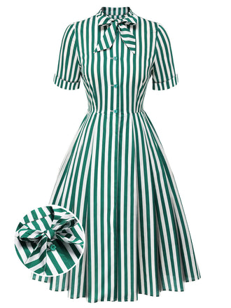 Dunkelgrün 1950er Krawattenausschnitt Gestreiftes Kleid