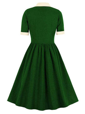 1940er Farbe Kontrast Knopf Revers Schleife Kleid