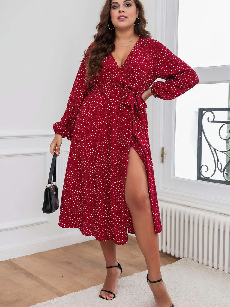 [Plus Size] Rotes 1940er V-Ausschnitt-Polka-Dot-Spitzenkleid