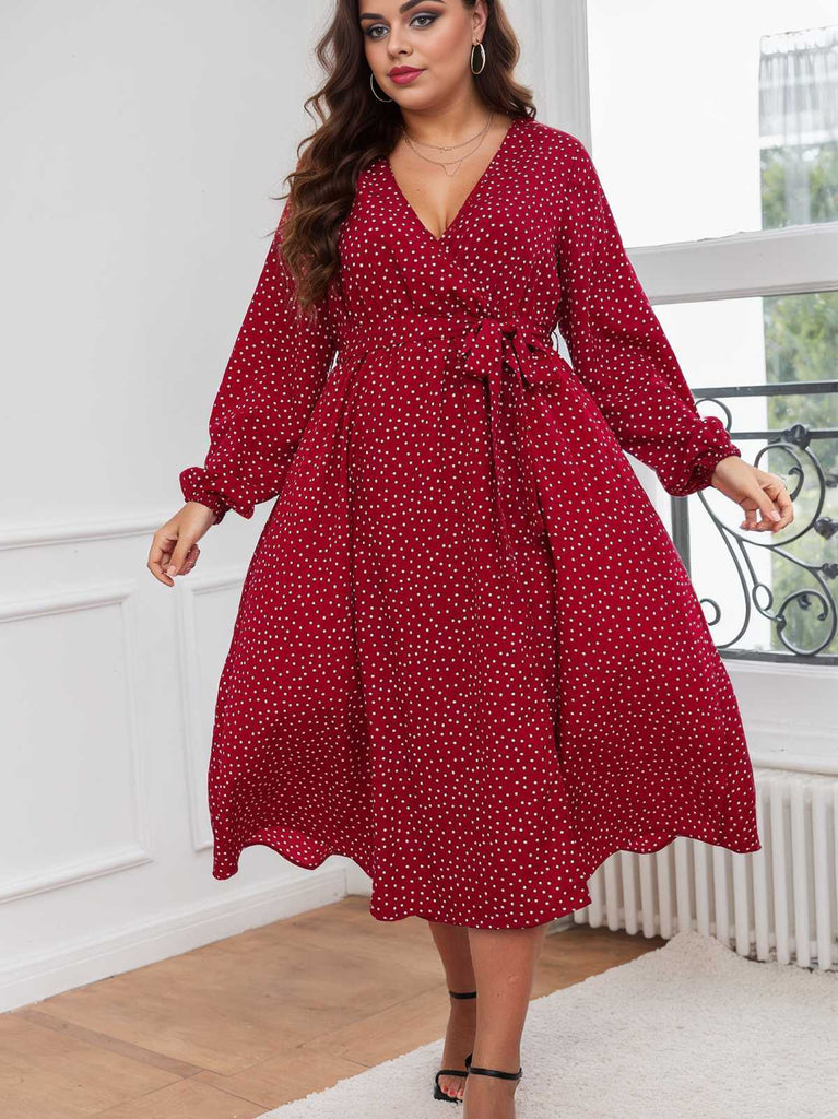 [Plus Size] Rotes 1940er V-Ausschnitt-Polka-Dot-Spitzenkleid