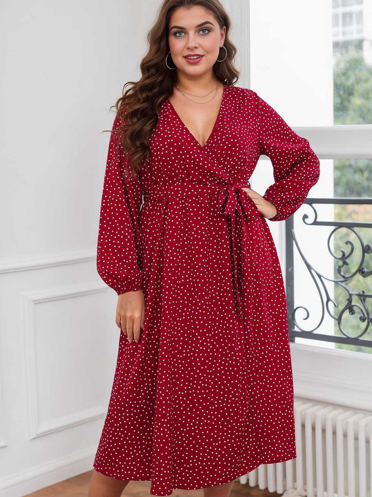 [Plus Size] Rotes 1940er V-Ausschnitt-Polka-Dot-Spitzenkleid