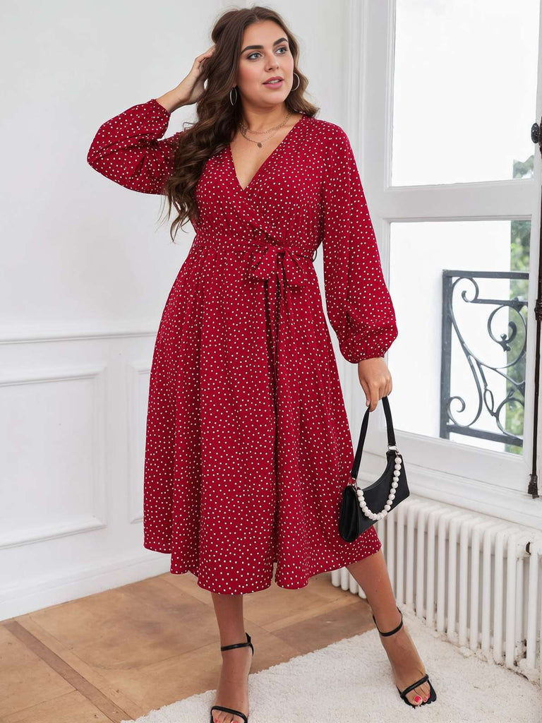 [Plus Size] Rotes 1940er V-Ausschnitt-Polka-Dot-Spitzenkleid