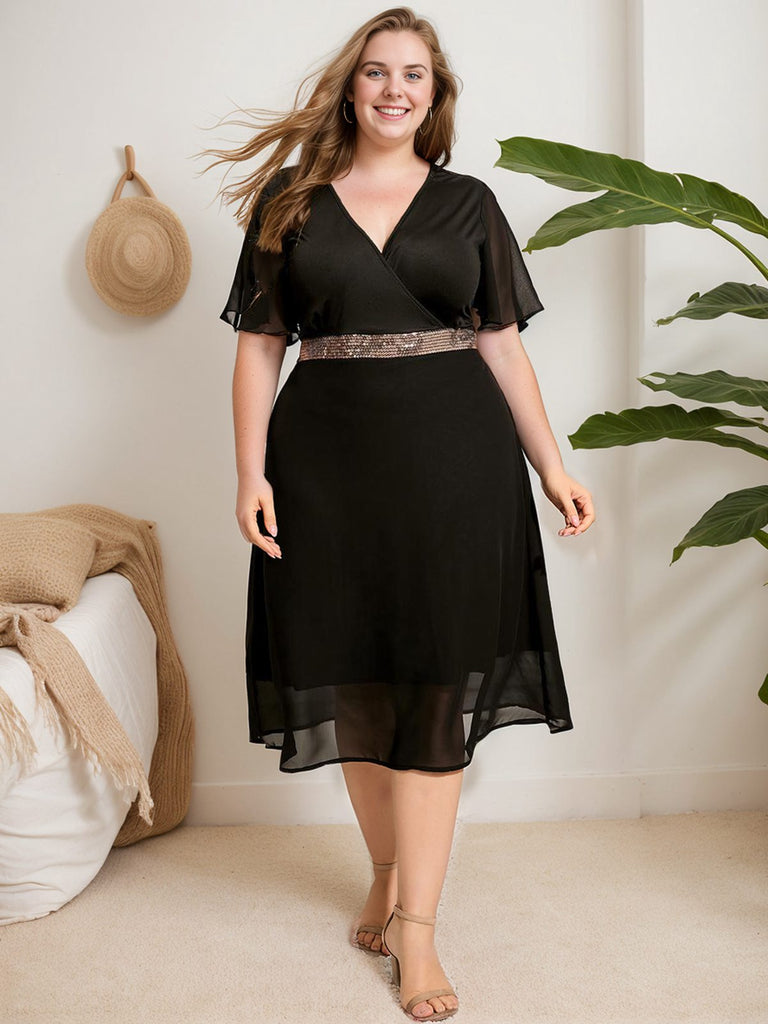 [Plus Size] Schwarzes 1950er Paillettengürtel-V-Ausschnitt-Kleid