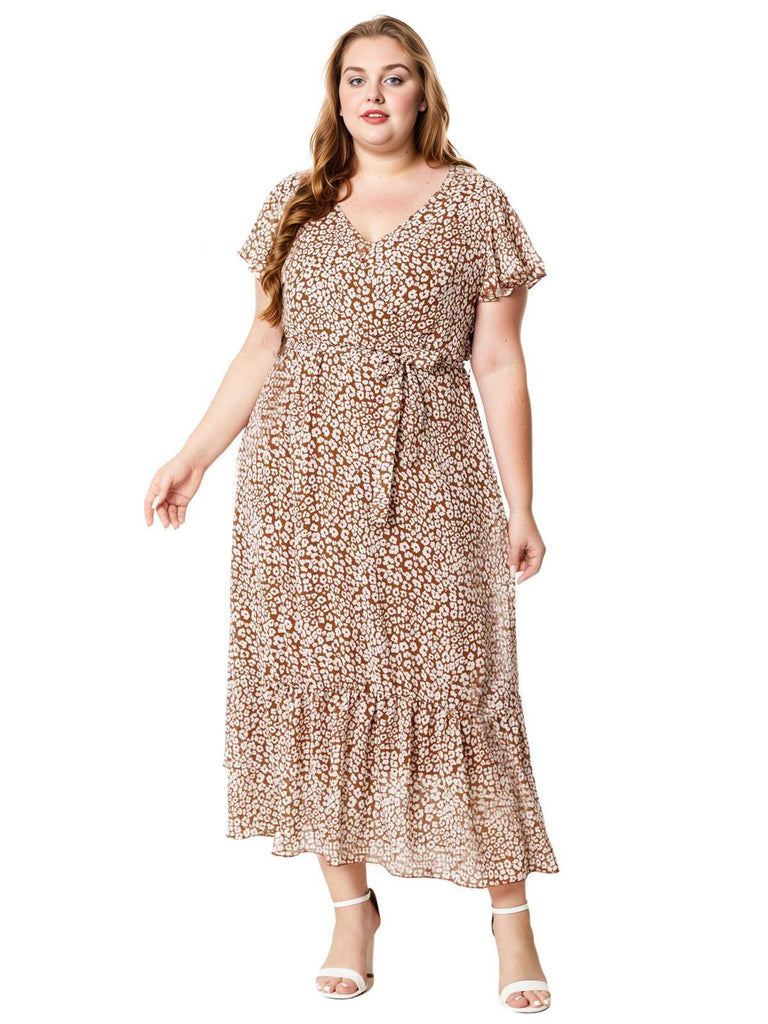 [Plus Size] Helles Kaffee 1930er Ditsy Floral Midikleid