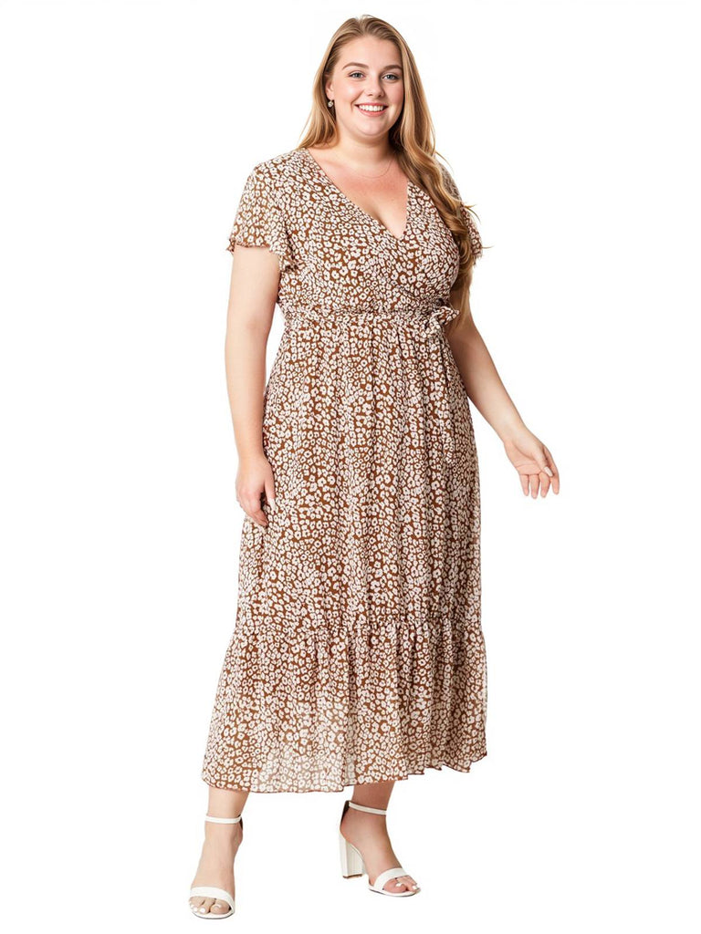 [Plus Size] Helles Kaffee 1930er Ditsy Floral Midikleid