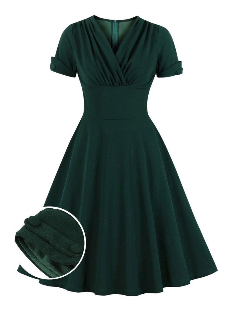 [Übergröße] Dunkelgrün 1950er Solide V-Ausschnitt Kleid mit festem Ausschnitt
