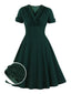 [Übergröße] Dunkelgrün 1950er Solide V-Ausschnitt Kleid mit festem Ausschnitt