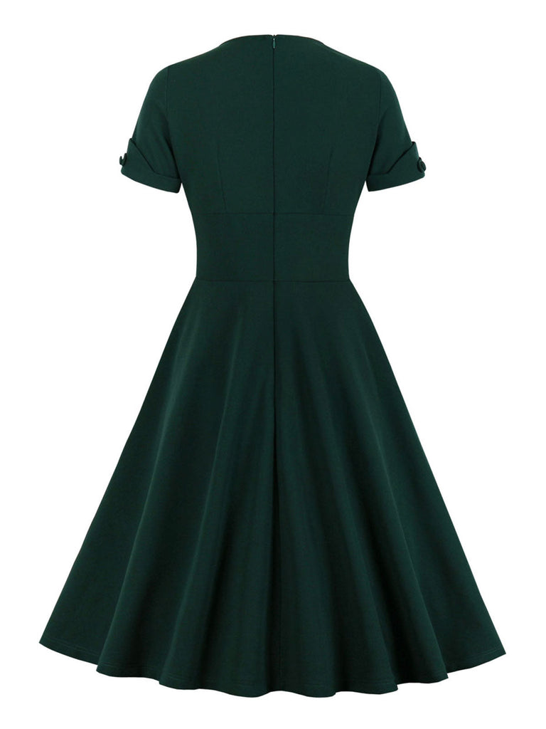 [Übergröße] Dunkelgrün 1950er Solide V-Ausschnitt Kleid mit festem Ausschnitt
