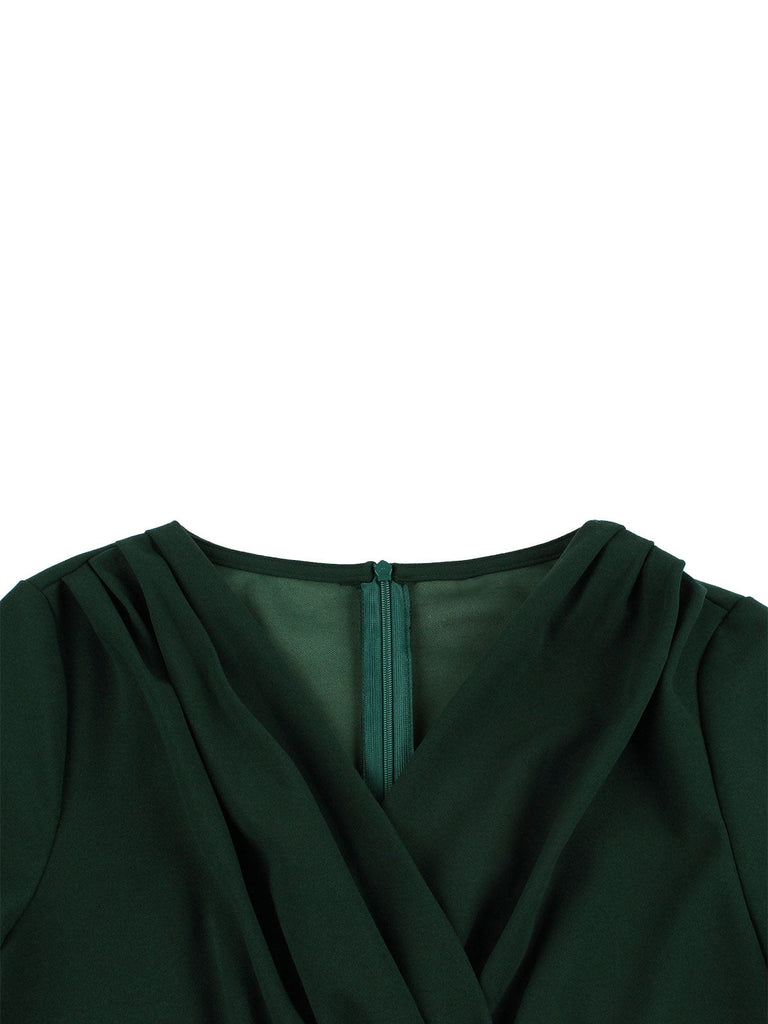 [Übergröße] Dunkelgrün 1950er Solide V-Ausschnitt Kleid mit festem Ausschnitt