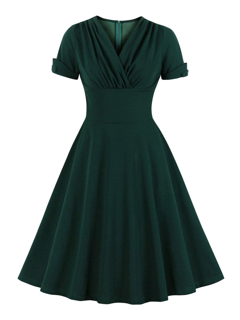 [Übergröße] Dunkelgrün 1950er Solide V-Ausschnitt Kleid mit festem Ausschnitt