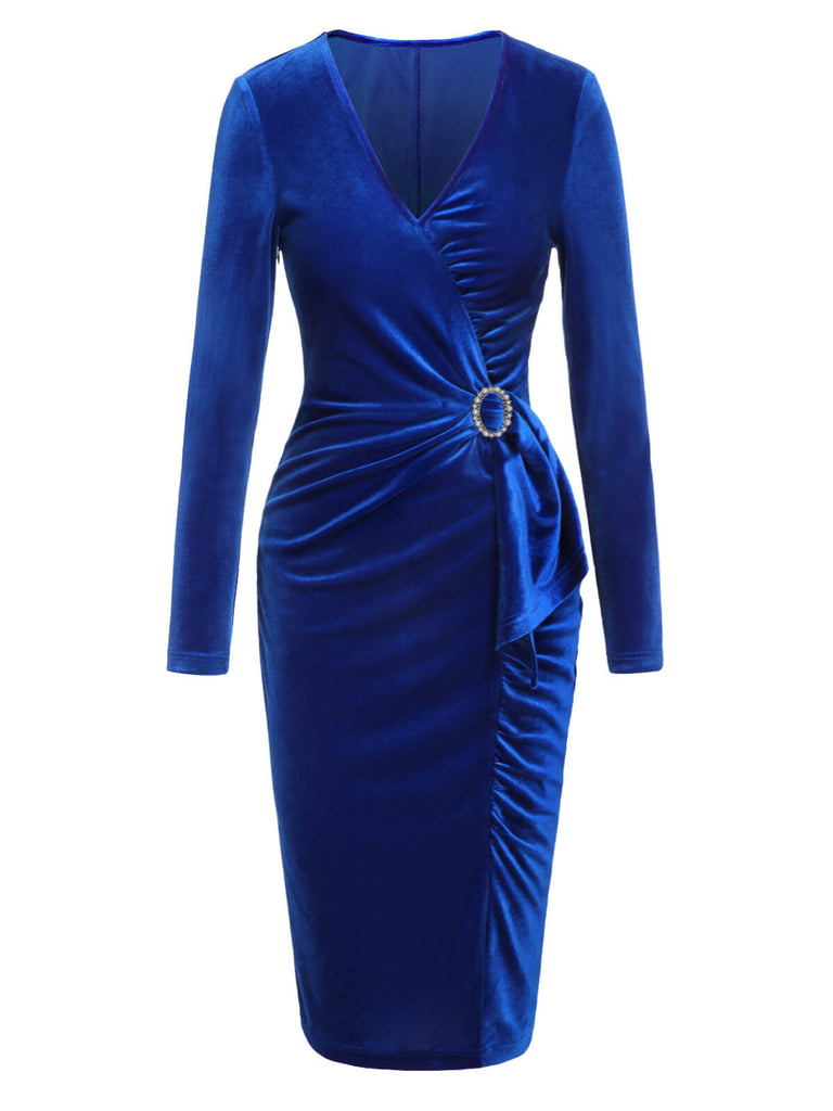 Dunkelblaues 1960er V-Ausschnitt plissiertes Samtkleid