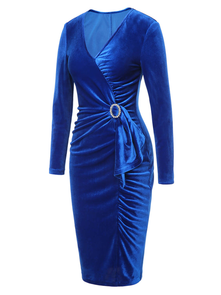 Dunkelblaues 1960er V-Ausschnitt plissiertes Samtkleid