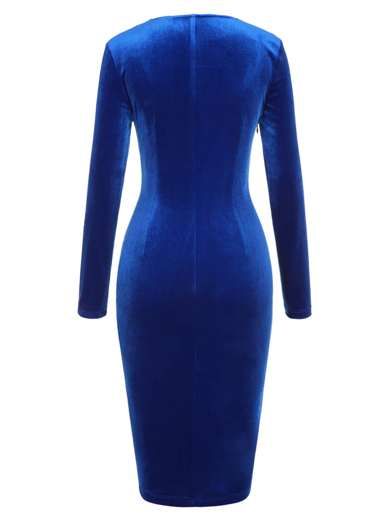 Dunkelblaues 1960er V-Ausschnitt plissiertes Samtkleid