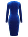 Dunkelblaues 1960er V-Ausschnitt plissiertes Samtkleid