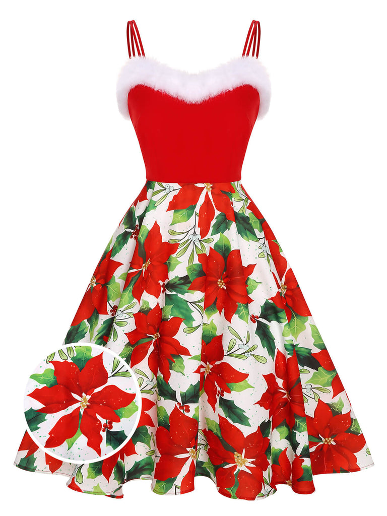 Rotes 1950er Weihnachtsblumenkleid mit Zottelmuster